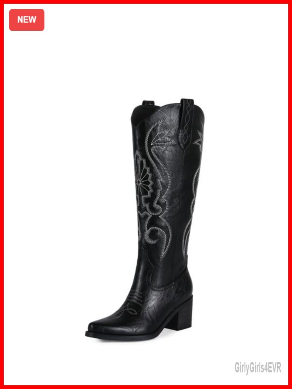 Faux Leather Knee High Cowboy Boots with Chunky Heel, Embroidered Pull On